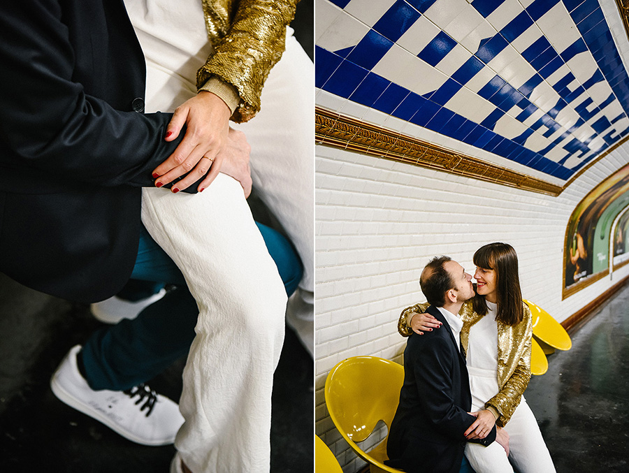 diptyque d'un couple s'embrassant sur le quai du métro
