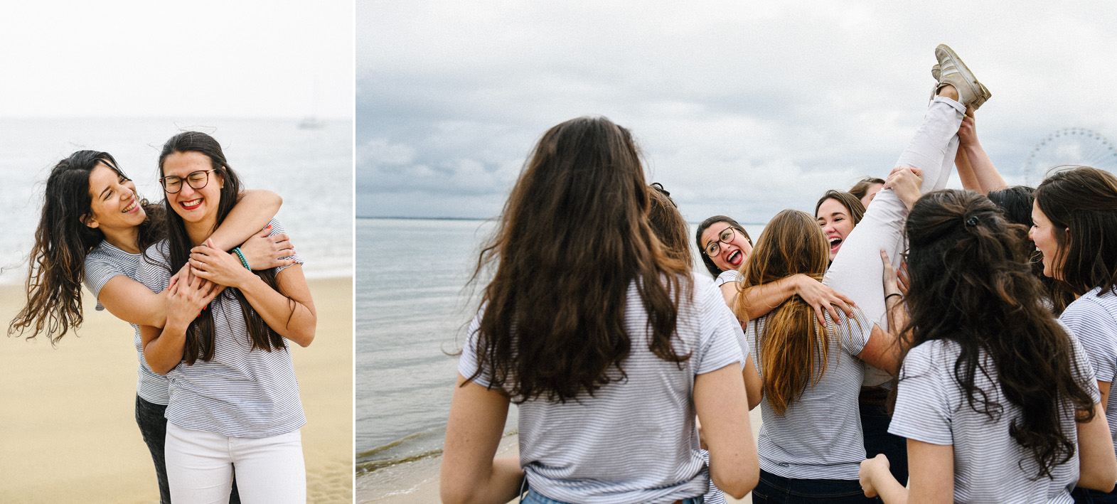 une femme est portée par ses amies sur la plage