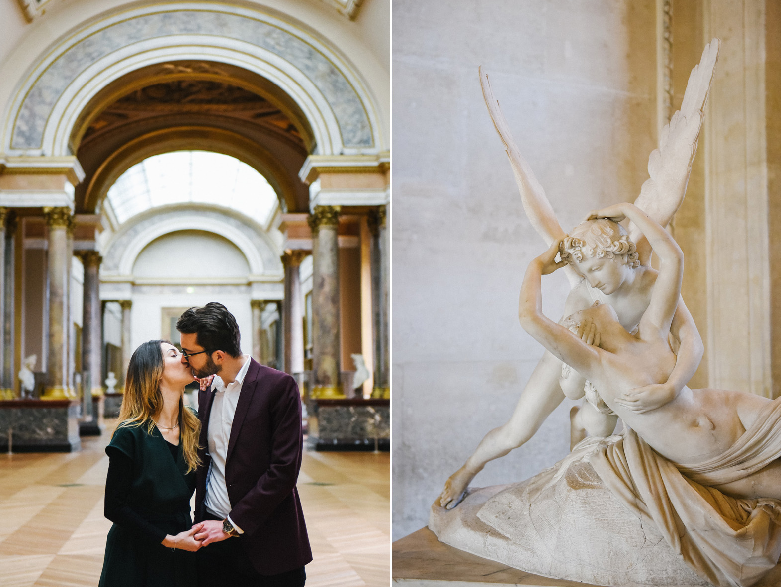 un couple s'embrasse à côté d'une sculpture dans le musée du Louvre