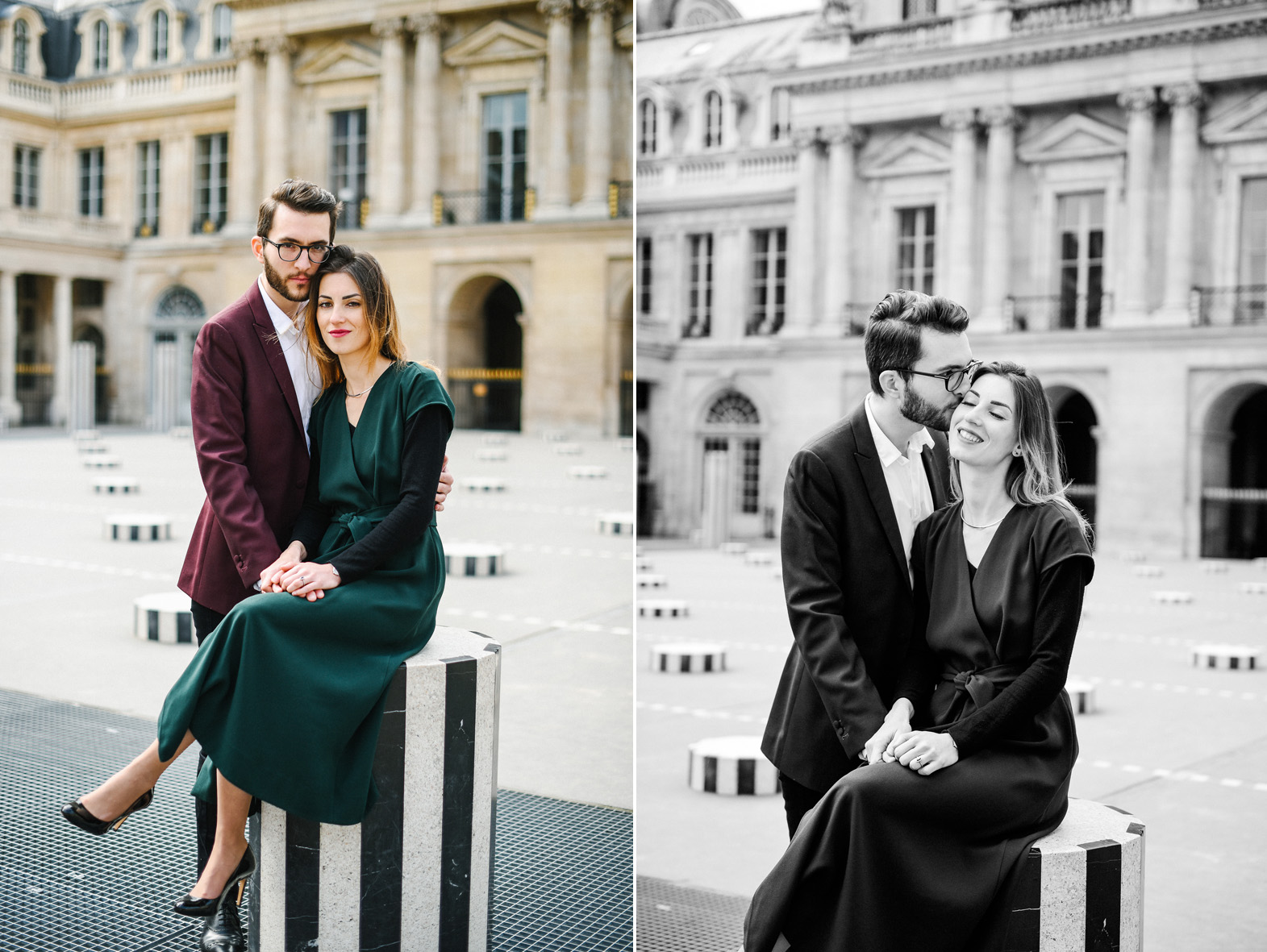 des amoureux posent dans les colonnes de Buren