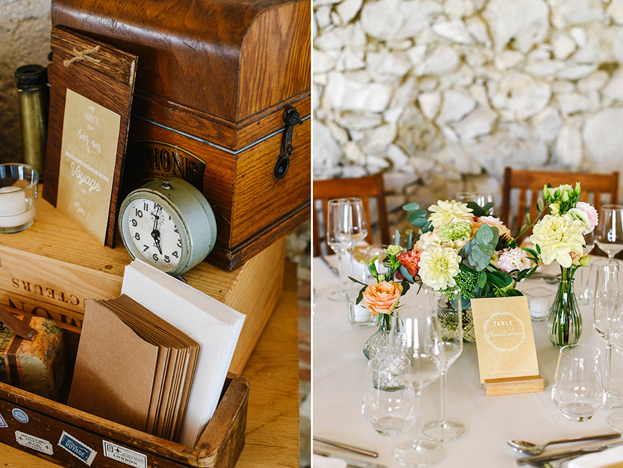 décoration et fleurs sur des tables pour la réception de mariage