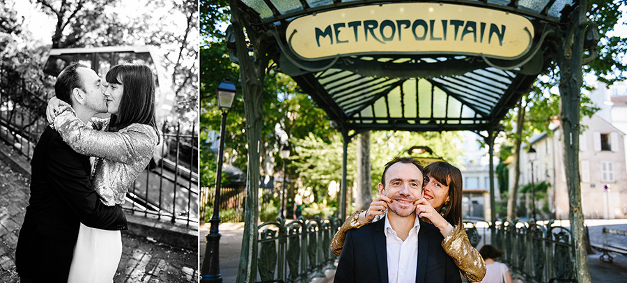 un couple s'embrasse devant l'entrée du métro sur la butte Montmartre