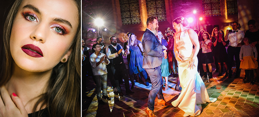 Un portrait de mannequin maquillée et un couple dansant pendant une soirée de mariage