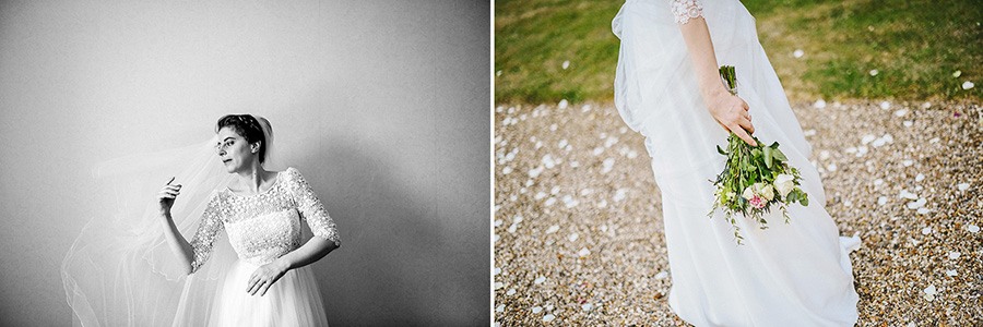 Une jeune mariée ajuste son voile et tient son bouquet
