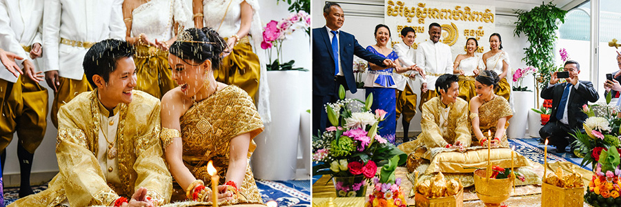 Un couple se regarde pendant la célébration de leur mariage traditionnel cambodgien