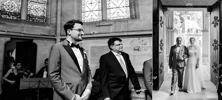 le marié regarde la mariée rentrer dans l'église au bras de son père