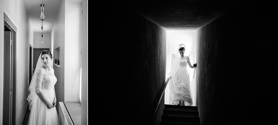 des portraits de la mariée en robe chez elle