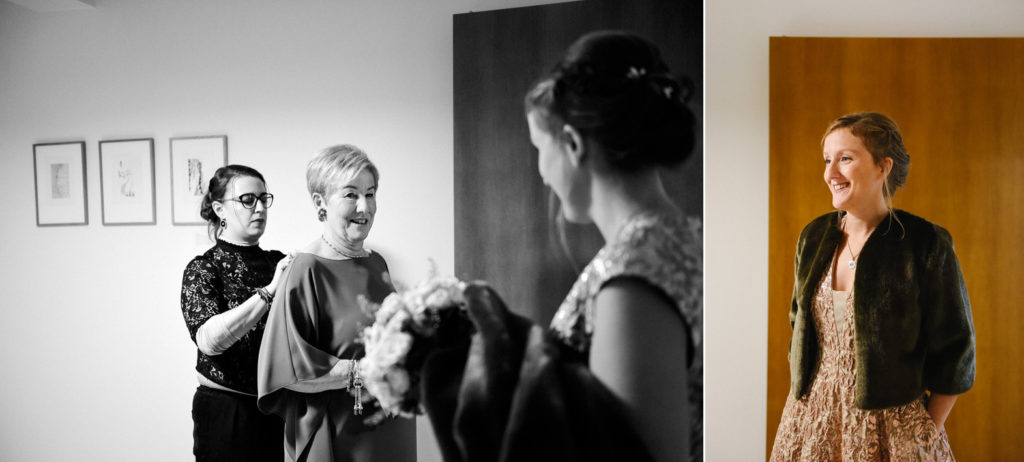 La maman de la mariée regarde sa fille en robe