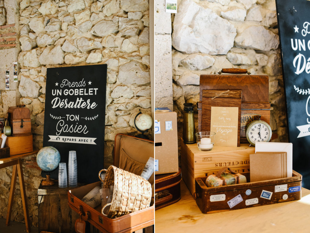 Décoration de mariage vintage avec globe, valise et pancarte en ardoise - Prestataires mariage Toulouse